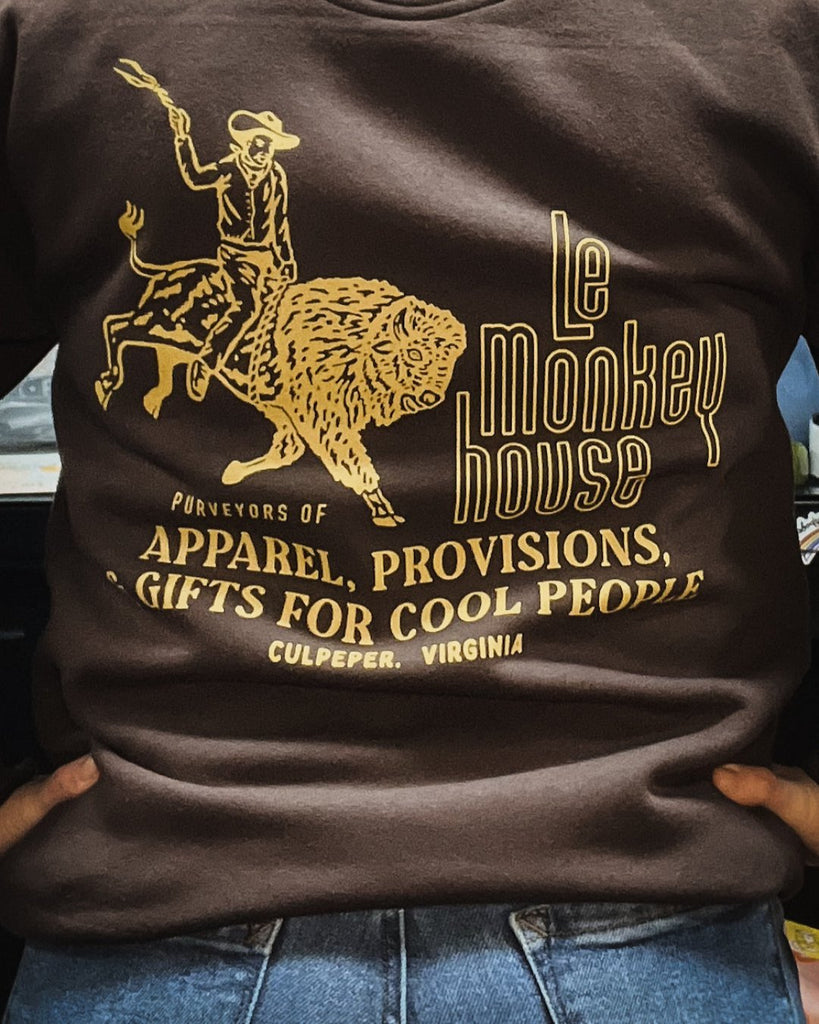 Yee Haw Le Monkey House Shop Design Bison cowboy crewneck sweatshirt in Brown and yellow 