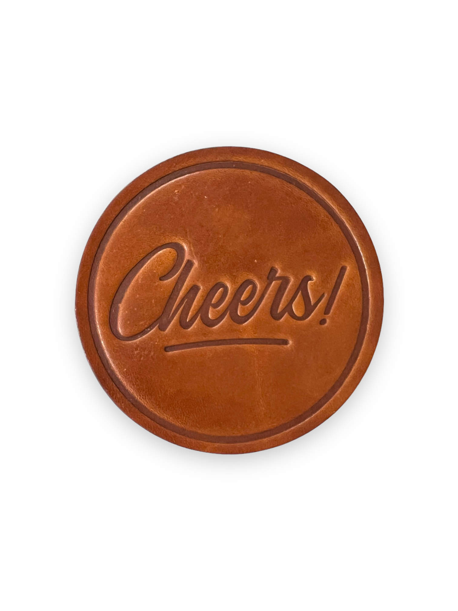 Cheers Genuine Leather Handstamped Coaster by Sugarhouse Leather Sold by Le Monkey House