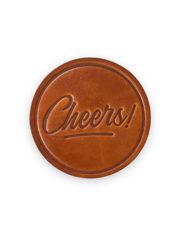 Cheers Genuine Leather Handstamped Coaster by Sugarhouse Leather Sold by Le Monkey House