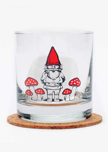 Garden gnome and mushroom rocks whiskey glass by counter couture sold by Le Monkey House
