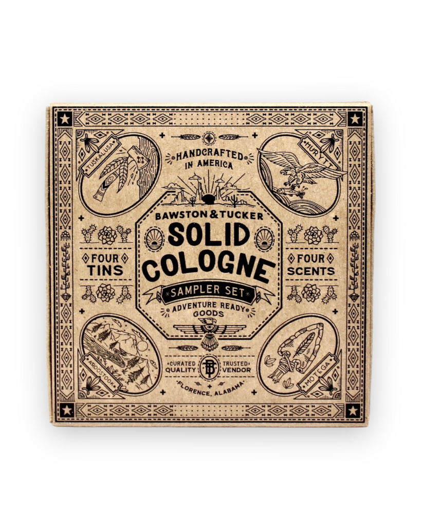 Solid Cologne Sample Set, Aroostook, Hurytt, Tuskalusa, Motega Handcrafted in the United States Sold by Le Monkey House