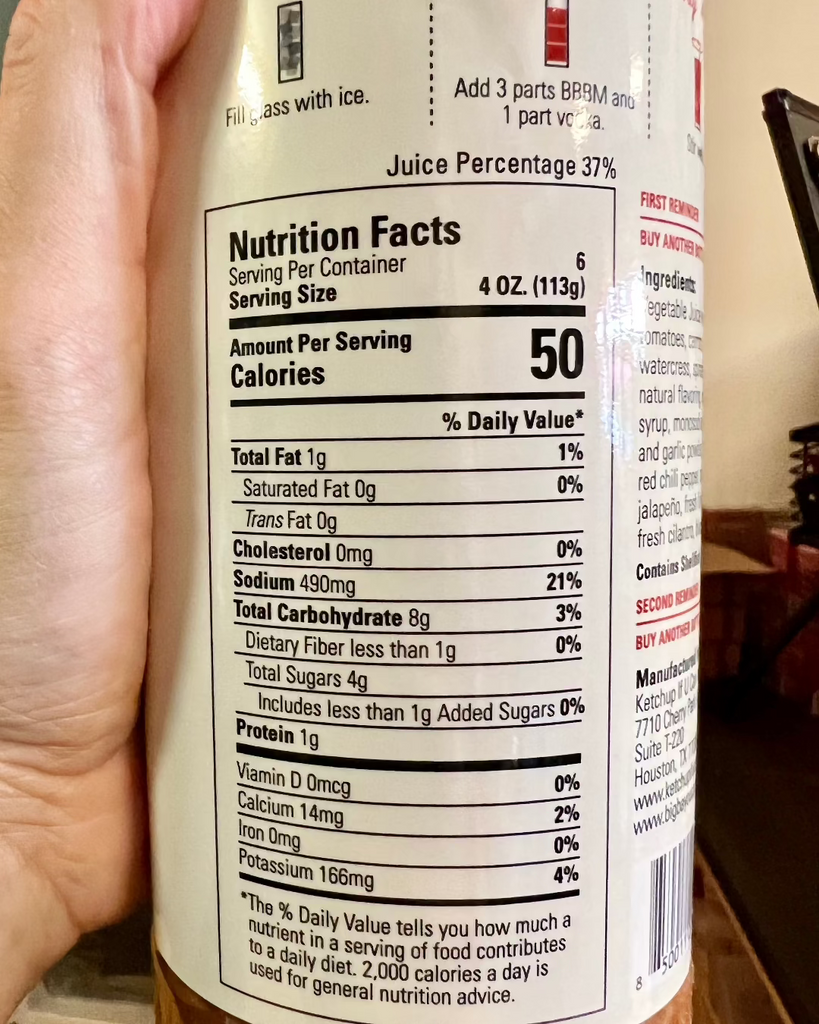 Big bayou bloody mary mix ingredients nutrition label, sold by Le Monkey House