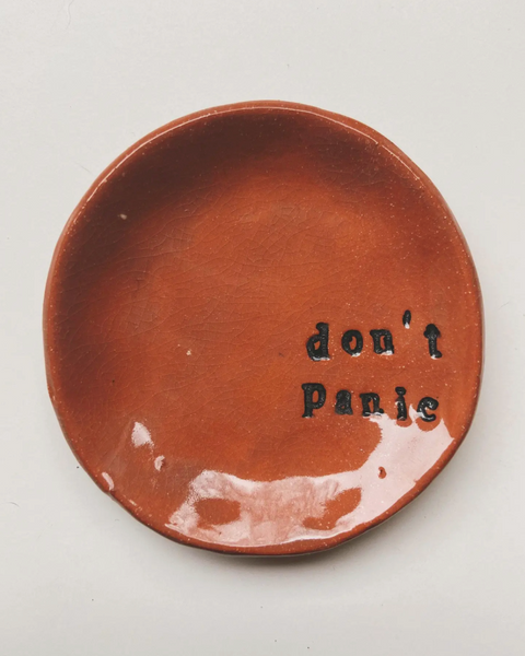 Don't Panic handmade pottery clay ring dish by Gloria Faye Sold by Le Monkey House