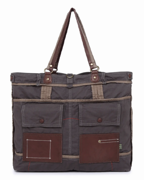 Lake Toya Cotton and leather large tote bag by TSD Brand, Sold by Le Monkey House - Dark Gray