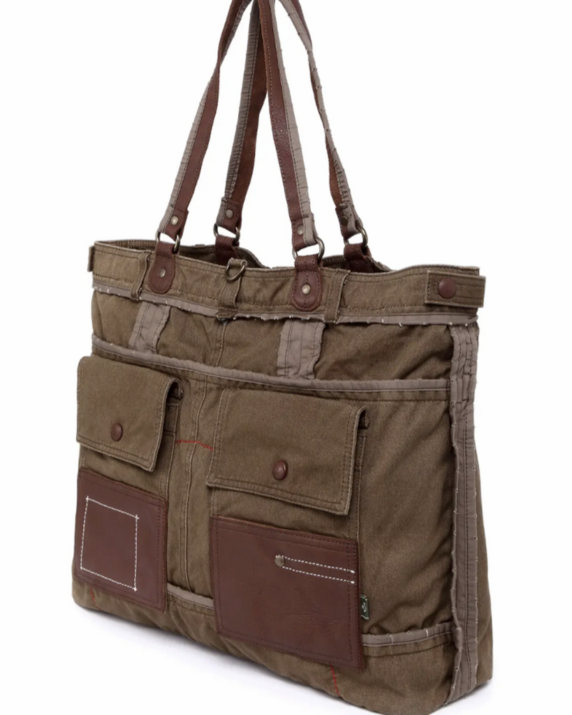 Lake Toya Cotton and leather large tote bag by TSD Brand, Sold by Le Monkey House - Olive green