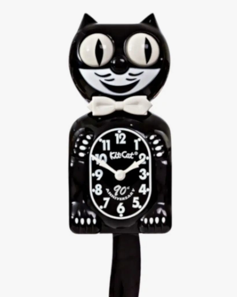 A black and white Kit-Cat Klock with an analog dial and rolling eyes.