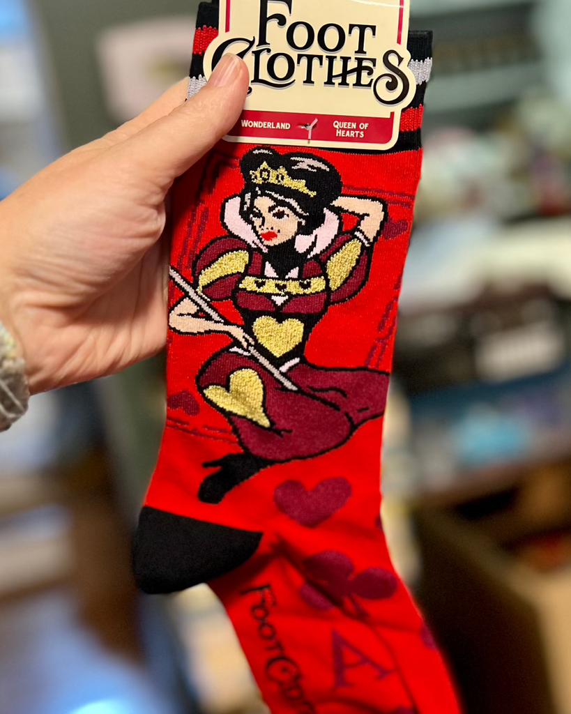 The queen of hearts Alice In Wonderland socks by Footclothes, Colorado Sold by Le Monkey House