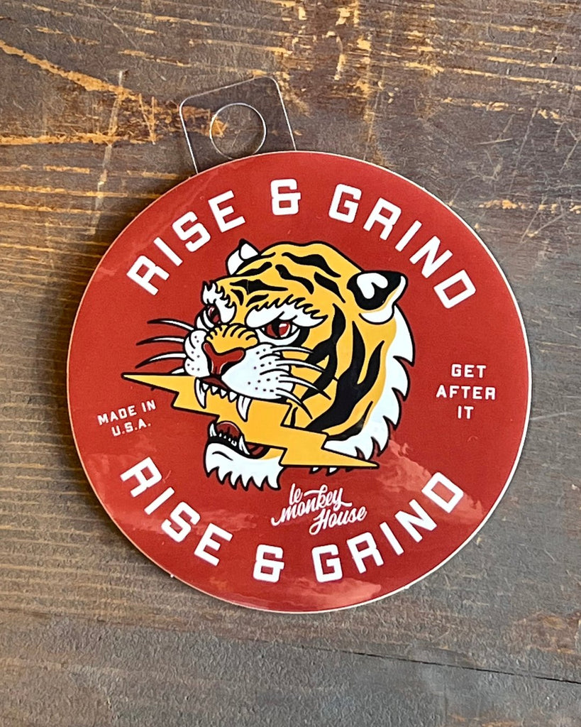 Rise and grind get after it old school tiger design sticker by Le Monkey House