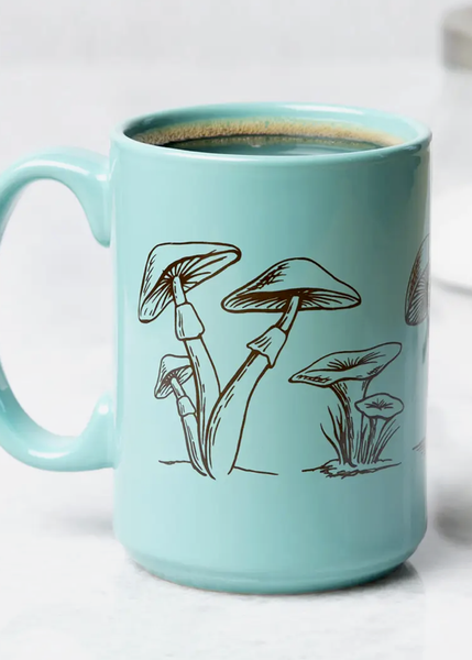 Mushroom Mug, wrap around design brown and blue fungus coffee mug by Counter Couture Sold by Le Monkey House