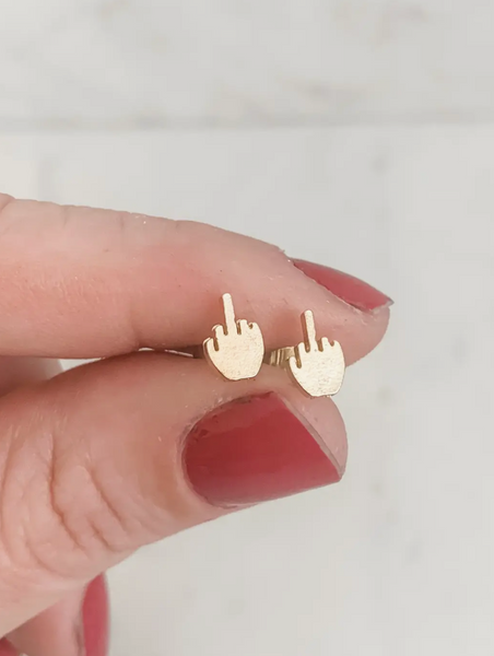 The little middle finger earrings by Gage Huntley, Gold or Silver Plated Sold by Le Monkey House