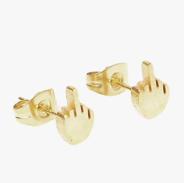 The little middle finger earrings by Gage Huntley, Gold or Silver Plated Sold by Le Monkey House