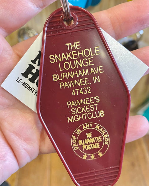 Snakehole Lounge, Pawnee, INdiana - Parks and recreation, Vintage retro style hotel motel keychain, key ring, key fob - Sold by Le Monkey House