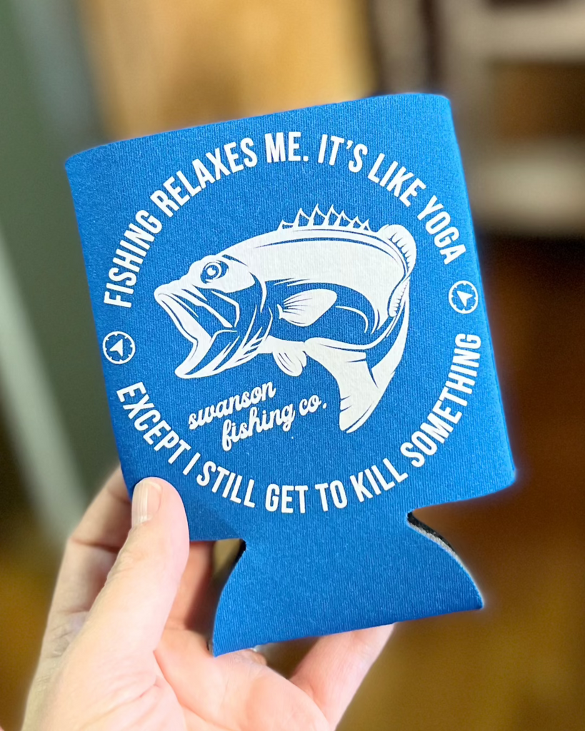 Swanson Fishing, Parks and Rec koozie printed, designed and sold by Le Monkey House