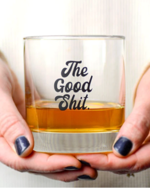 The Good Shit Whiskey Rocks Glass by Meriwether 1976, Black screenprinted lettering, bourbon glass, sold by Le Monkey House