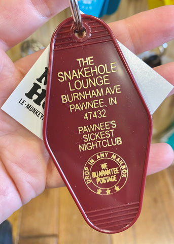 Snakehole Lounge, Pawnee, INdiana - Parks and recreation, Vintage retro style hotel motel keychain, key ring, key fob - Sold by Le Monkey House