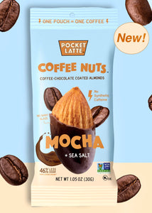 Pocket Latte Coffee Nuts, Coffee chocolate coated Almonds, Mocha and sea salt, Sold At Le monkey House